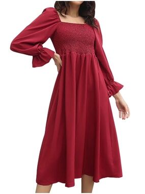 Boho Smocked Square Neck Long Sleeve Puff Sleeve A-Line Flowy Maxi Dress - S